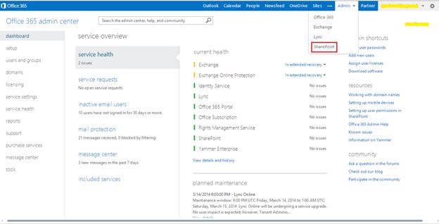 Selecting Admin on Portal